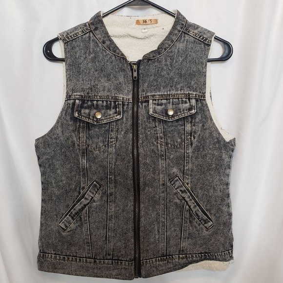 Disturbed Upcycled Denim Vest Adult Sm Faux Sherpa - Picture 4 of 8